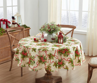 Christmas Holly Traditions 70 Inch round Vinyl Tablecloth with Flannel Backing – Red Holly Berries & Holiday Ribbon Print Easy-Care Wipe Clean Table Cover