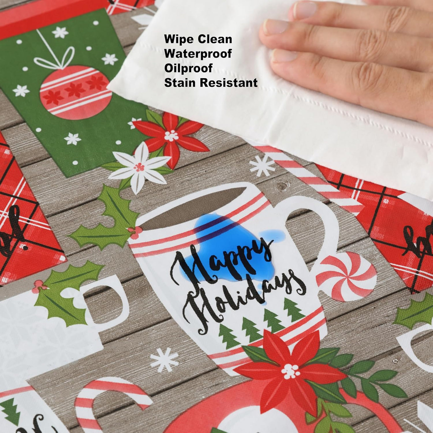 Jolly Holiday Candy Cane Christmas Vinyl Tablecloth with Flannel Backing, Grey Red Green Wipe Clean Table Cover, 60 X 84 Inch Rectangle