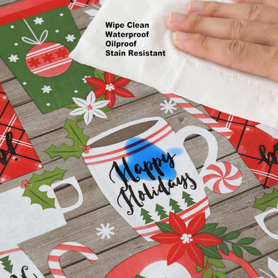 Jolly Holiday Candy Cane Christmas Vinyl Tablecloth with Flannel Backing, Grey Red Green Wipe Clean Table Cover, 60 X 84 Inch Rectangle