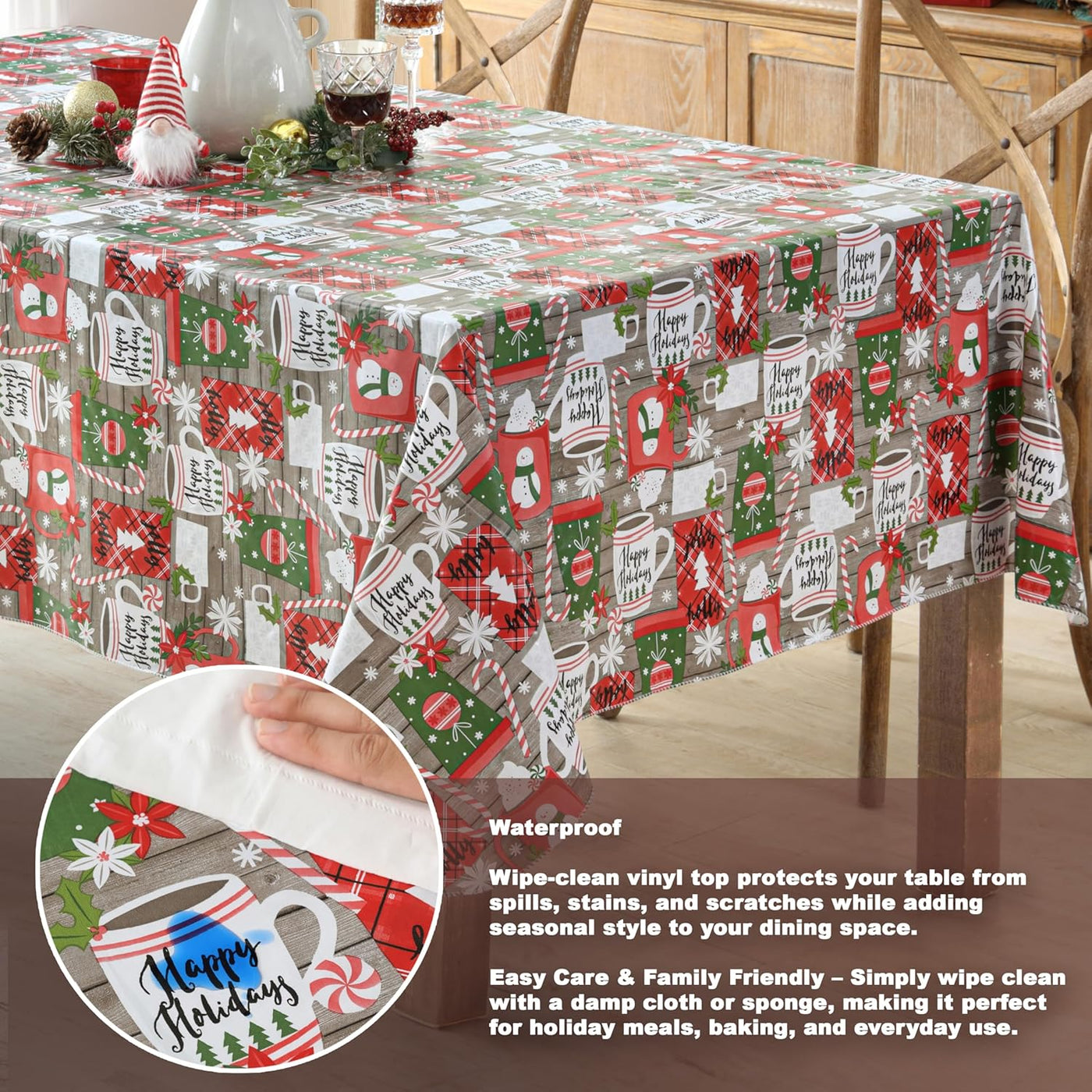 Jolly Holiday Candy Cane Christmas Vinyl Tablecloth with Flannel Backing, Grey Red Green Wipe Clean Table Cover, 60 X 84 Inch Rectangle