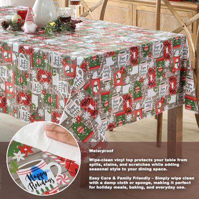 Jolly Holiday Candy Cane Christmas Vinyl Tablecloth with Flannel Backing, Grey Red Green Wipe Clean Table Cover, 60 X 84 Inch Rectangle