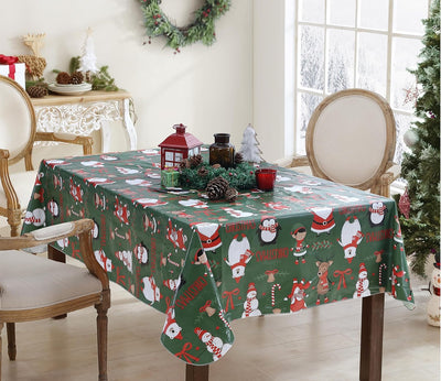 Holiday Critters Christmas Vinyl Tablecloth with Flannel Backing – 52 X 52 Inch Square – Cute Santa, Snowman, Penguin, Elves & Reindeer Print Easy-Care Wipe Clean Table Cover