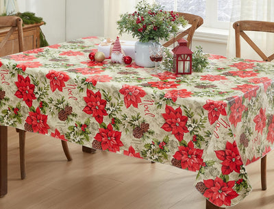 Majestic Winter Poinsettia Christmas Vinyl Tablecloth with Flannel Backing, Noel & Holly Berry Holiday Print, Easy Care Wipe Clean Table Cover, 52 X 70 Inch Rectangle