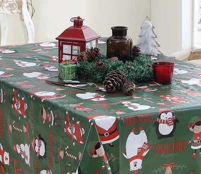 Holiday Critters Christmas Vinyl Tablecloth with Flannel Backing – 52 X 52 Inch Square – Cute Santa, Snowman, Penguin, Elves & Reindeer Print Easy-Care Wipe Clean Table Cover