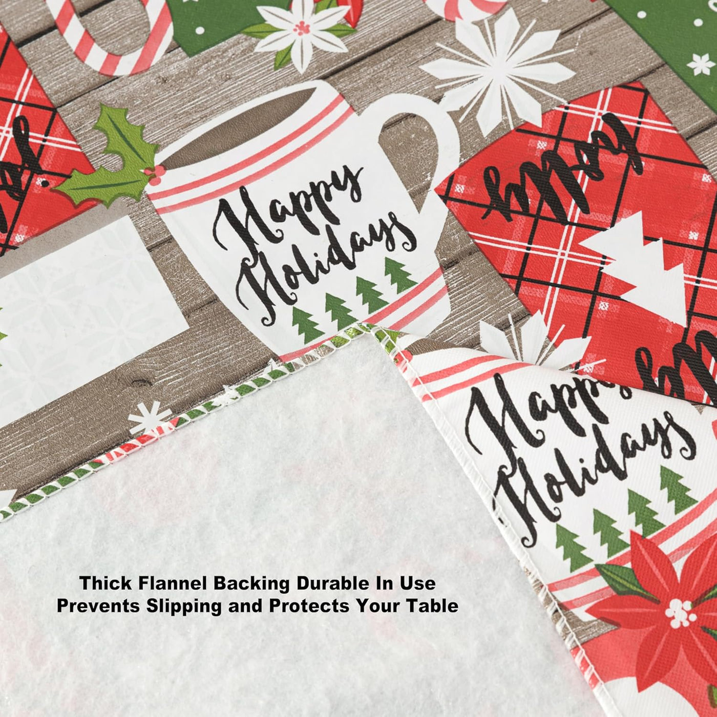 Jolly Holiday Candy Cane Christmas Vinyl Tablecloth with Flannel Backing, Grey Red Green Wipe Clean Table Cover, 60 X 84 Inch Rectangle