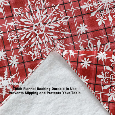 Snowfall Snowflake Plaid Christmas Vinyl Tablecloth with Flannel Backing, Red, Wipe Clean Contemporary Snowflake Design, 52 X 70 Inch Rectangle