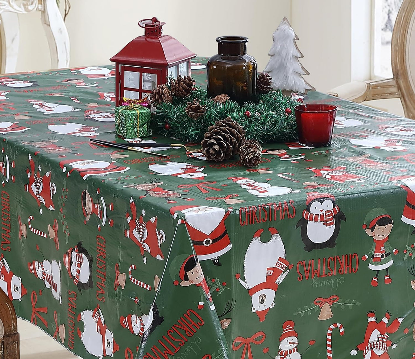 Holiday Critters Christmas Vinyl Tablecloth with Flannel Backing – 52 X 52 Inch Square – Cute Santa, Snowman, Penguin, Elves & Reindeer Print Easy-Care Wipe Clean Table Cover