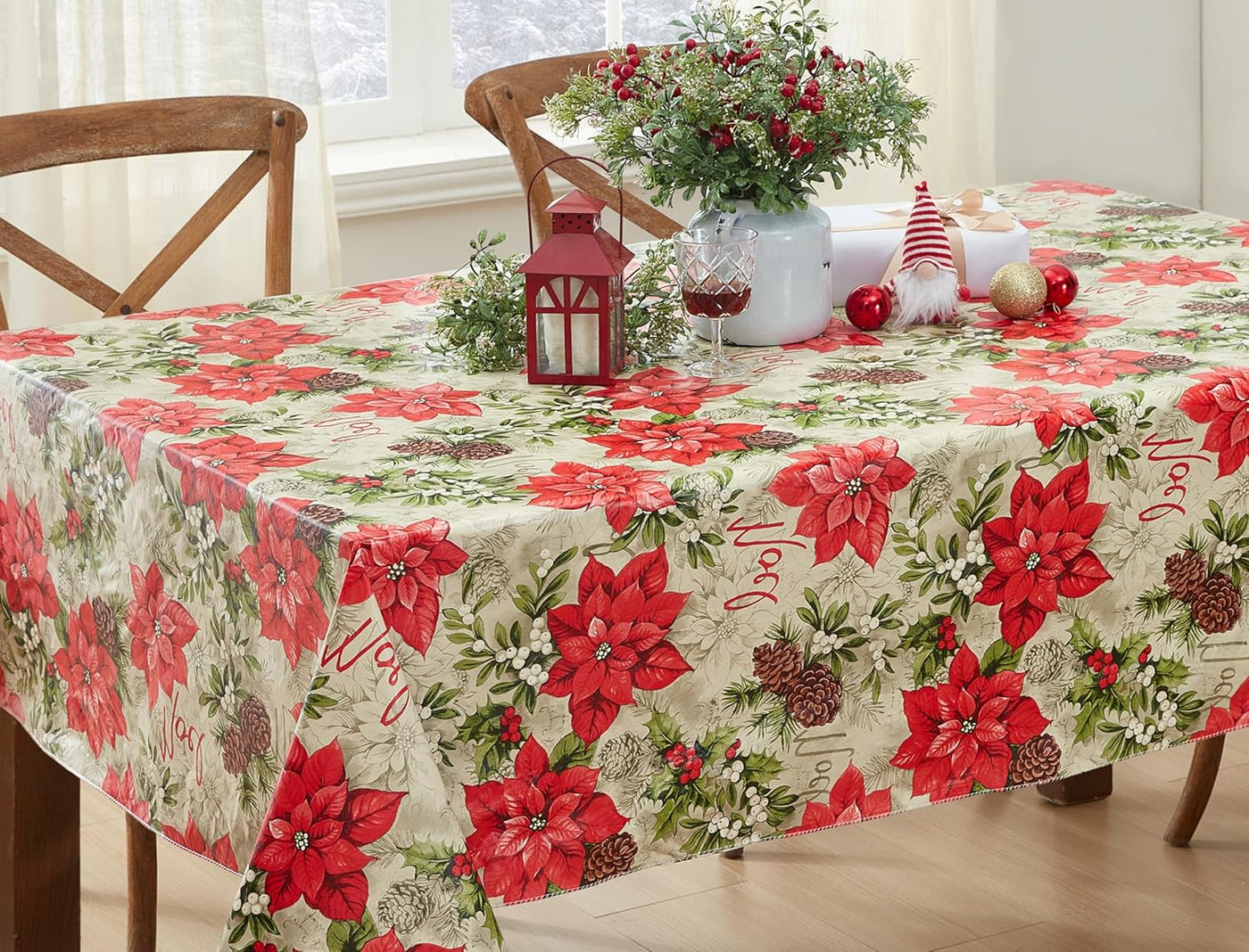 Majestic Winter Poinsettia Christmas Vinyl Tablecloth with Flannel Backing, Noel & Holly Berry Holiday Print, Easy Care Wipe Clean Table Cover, 52 X 70 Inch Rectangle