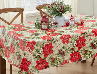 Majestic Winter Poinsettia Christmas Vinyl Tablecloth with Flannel Backing, Noel & Holly Berry Holiday Print, Easy Care Wipe Clean Table Cover, 52 X 70 Inch Rectangle