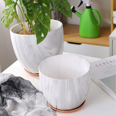 7 Inch Plant Pot with Drainage and Saucer, 5.5 Inch Ceramic Planters Indoor Plants, Flower Pot Outdoor, Marble Planter Pink Indoor Pots for Plants (7"+5.5" Plant Pot and Gold Saucers Inculded)