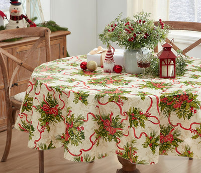 Christmas Holly Traditions 70 Inch round Vinyl Tablecloth with Flannel Backing – Red Holly Berries & Holiday Ribbon Print Easy-Care Wipe Clean Table Cover