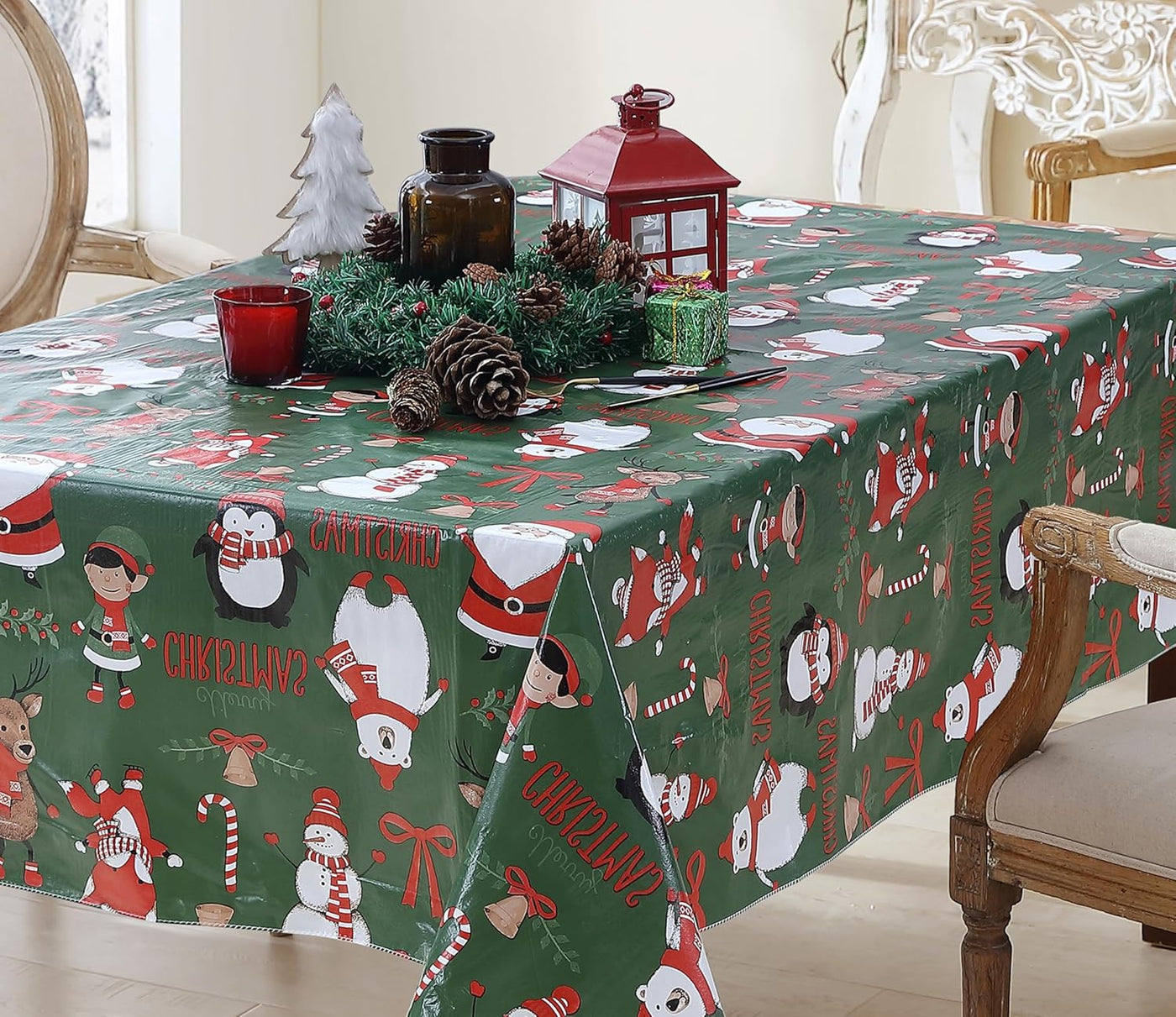 Holiday Critters Christmas Vinyl Tablecloth with Flannel Backing – 52 X 52 Inch Square – Cute Santa, Snowman, Penguin, Elves & Reindeer Print Easy-Care Wipe Clean Table Cover