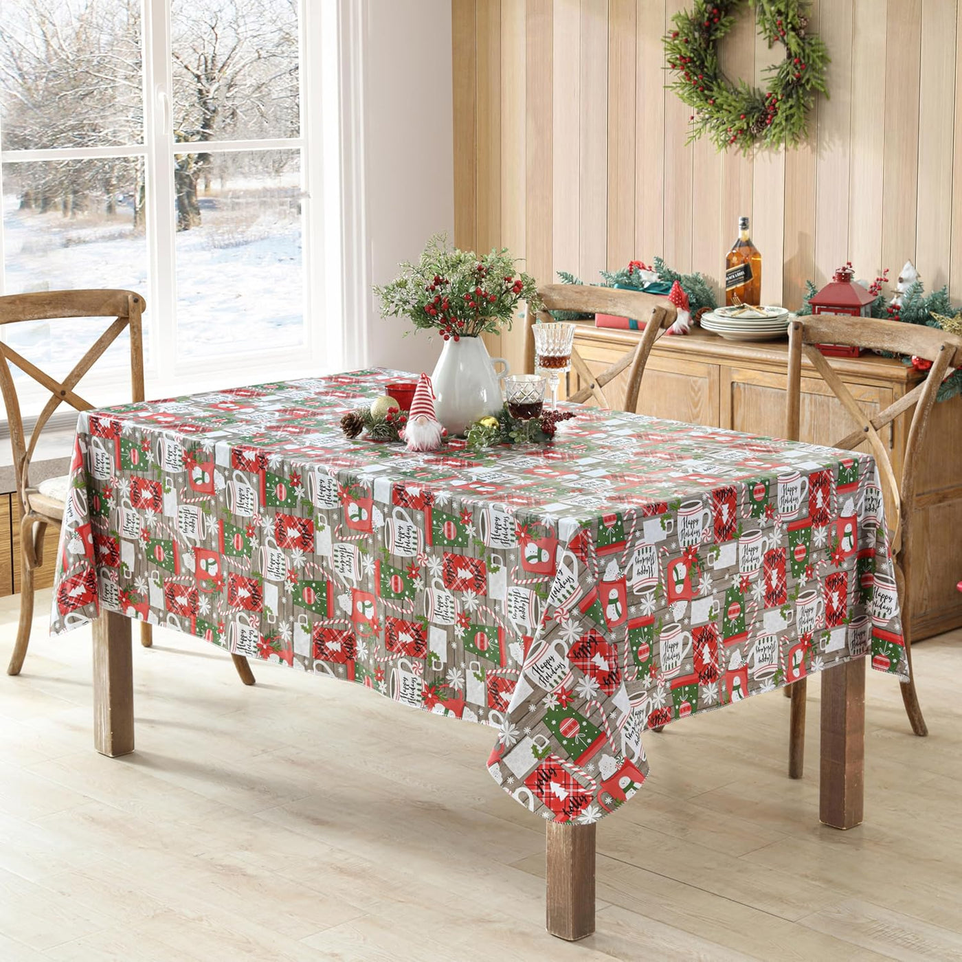 Jolly Holiday Candy Cane Christmas Vinyl Tablecloth with Flannel Backing, Grey Red Green Wipe Clean Table Cover, 60 X 84 Inch Rectangle