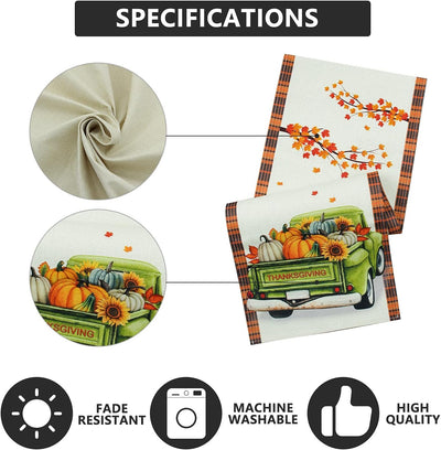 Thanksgiving Table Runner, Fall Table Runner Thanksgiving Decorations Green Truck Thanksgiving Table Decorations for Indoor Outdoor Thanksgiving Party Dining Table Decor (13" X 72")